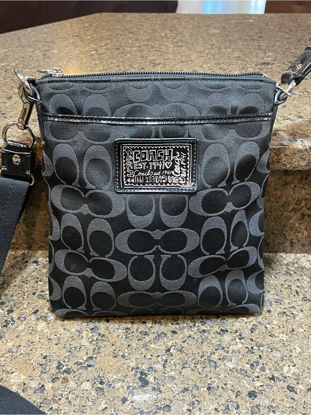 Coach Poppy Signature Slim Black Gray Silver Jacquard Monogram Canvas Crossbody